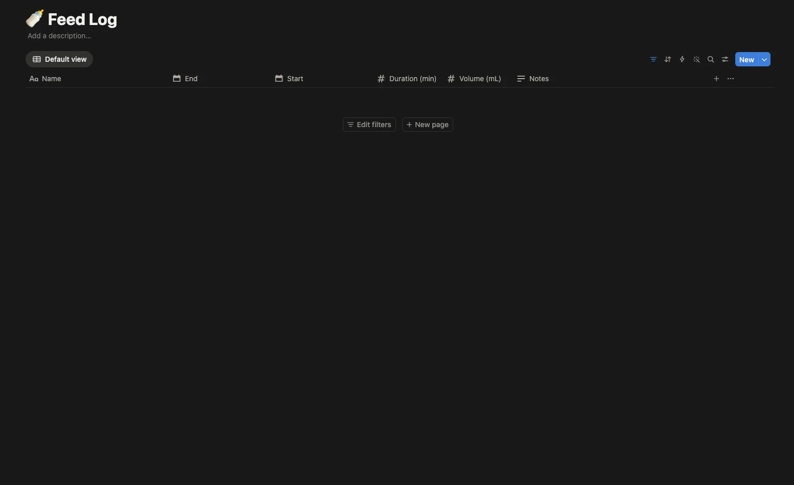 The Notion 'Feed Log' database with Name, Start, End, Duration (min), Volume (mL) and Notes columns