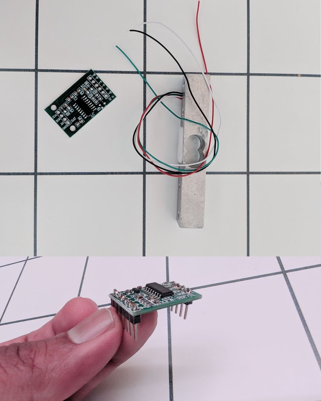 Top: the 1 kg load cell and its four colored wires next to the HX711 board. Bottom: the HX711 held in hand with header pins soldered on, ready to plug into a breadboard