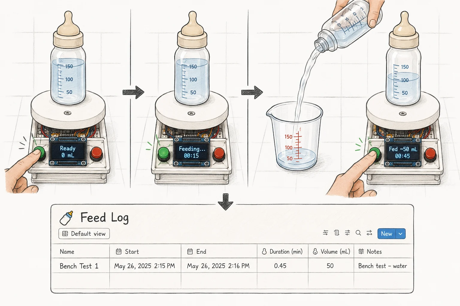 Illustrated bench-test flow: tap to start, pour ~50 mL out, tap to stop, and the feed lands as a row in Notion